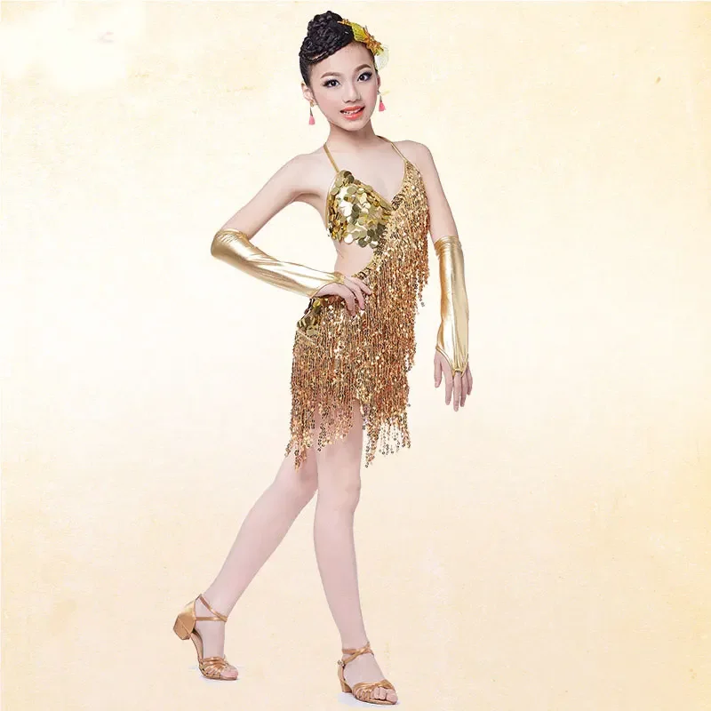 

Платье с бахромой и блестками, танцевальные золотые костюмы для латинских соревнований для девочек, платья для сальсы с кисточками, одежда для самбы, детская бальная одежда