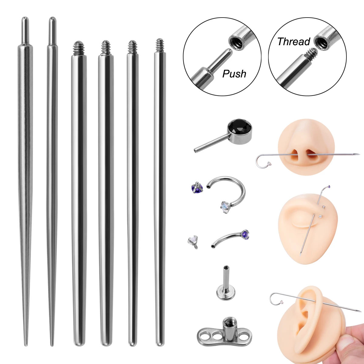 

2/4pcs Stainless Steel Piercing Taper Insertion Pins Push-in/Threaded Body Piercing Tool for Ear Nose Navel Lip Piercing Jewelry