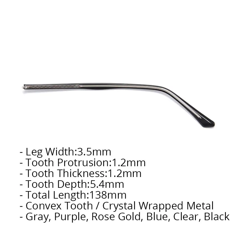 3.5mm Width Convex Tooth Crystal Wrapped Metal Glasses Temple 1.2mm Tooth Thickness 5.4mm Tooth Depth 138mm Eyeglass Arm Replace