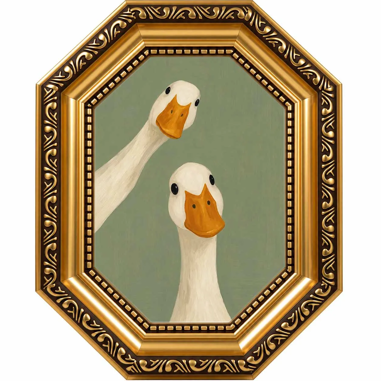 Octagonal Vintage Gold Framed Canvas Wall Art, Cute White Goose Oil Painting Retro Farm Animal Home Decor