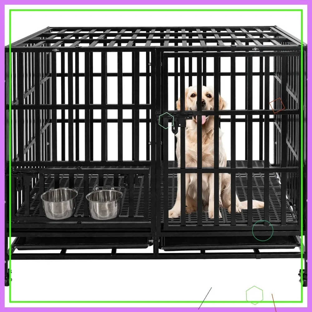 

50-дюймовая сверхпрочная клетка для собак - неразрушимый стальной вольер для крупных собак, с двойной дверью, запираемый, на колесах, со съемным поддоном