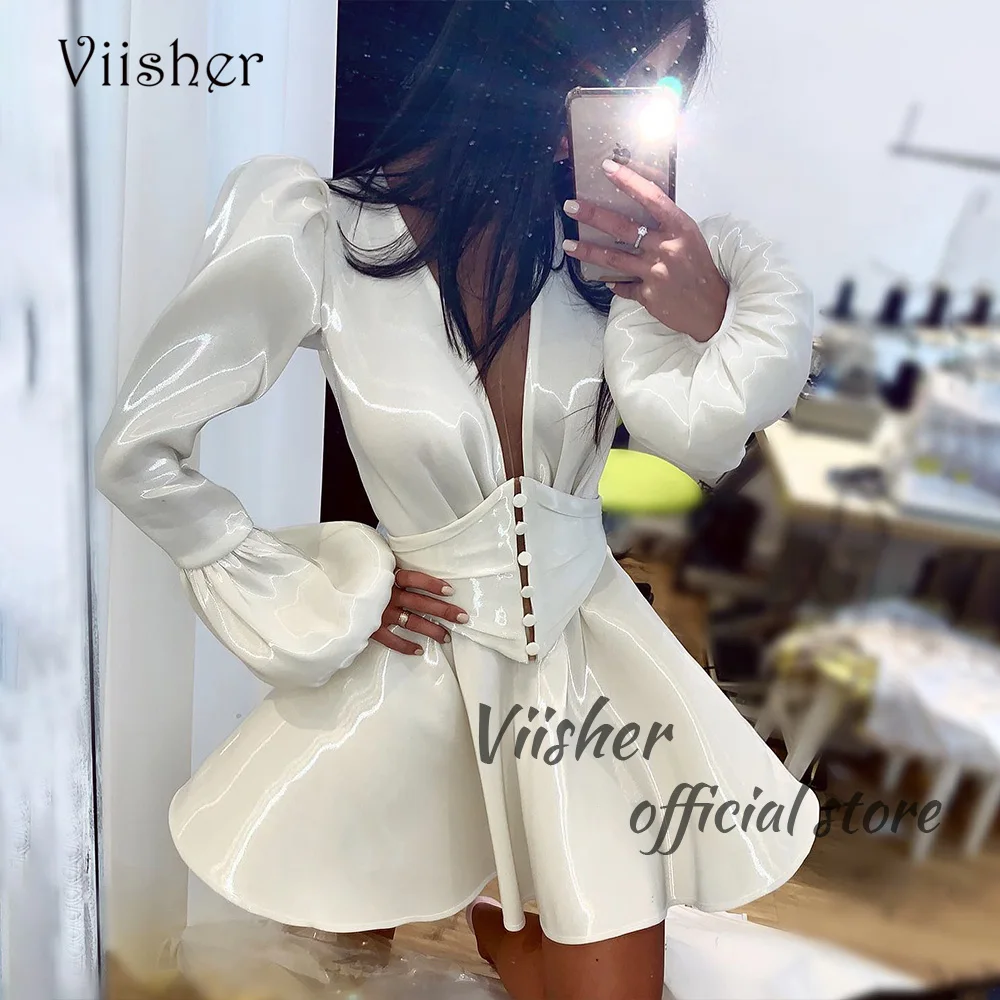 Viisher Ivory Short Wedding Party Dresses Long Sleeve V Neck Sexy Mini Bride Dress 2023 Customized Evening Prom Gowns