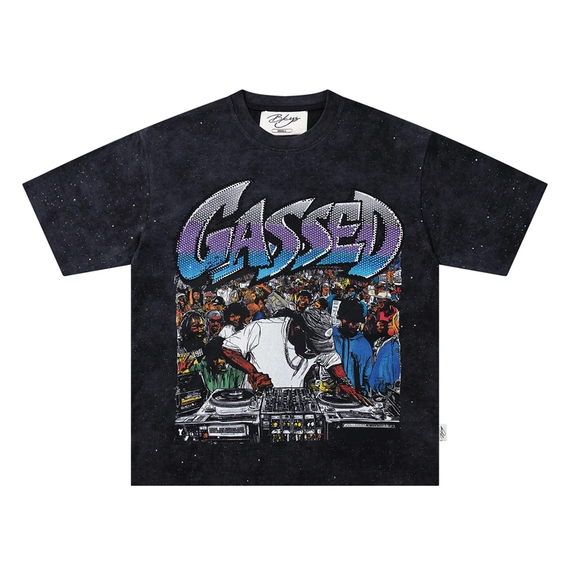 Weißes Acid Wash T-Shirt für Herren mit Strass-DJ-Konzert-Grafik Übergroßes Grunge Baumwoll-Sommer-Y2K-Streetwear-T-Shirt im Vintage-Stil – Detail 5