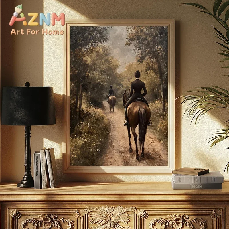 Vintage Elegant Women Riding Horses Posters and Prints Canvas Printing Wall Art Picture for Living Room Home Decor Gifts
