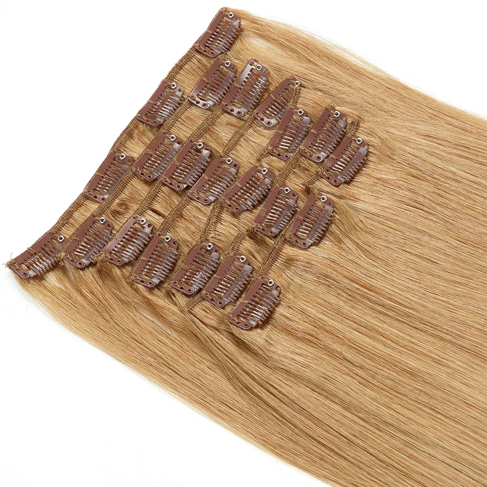 Extensiones de cabello rubio con Clip para mujer, extensiones de cabello humano 100% Remy, postizo con Clip, 24 pulgadas, 10 piezas, #27