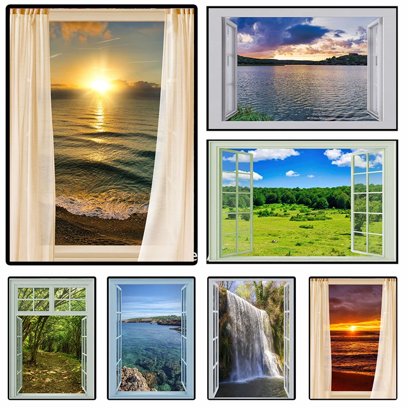 window view poster Open the window and see the scenery Canvas printing poster Wall art decoration painting Home Room Decoration