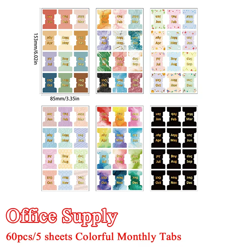 60pcs/5 Sheets Colorful Monthly Tabs For Planner Adhesive Planner Index Stickers Decorative For Office Planners Organizations