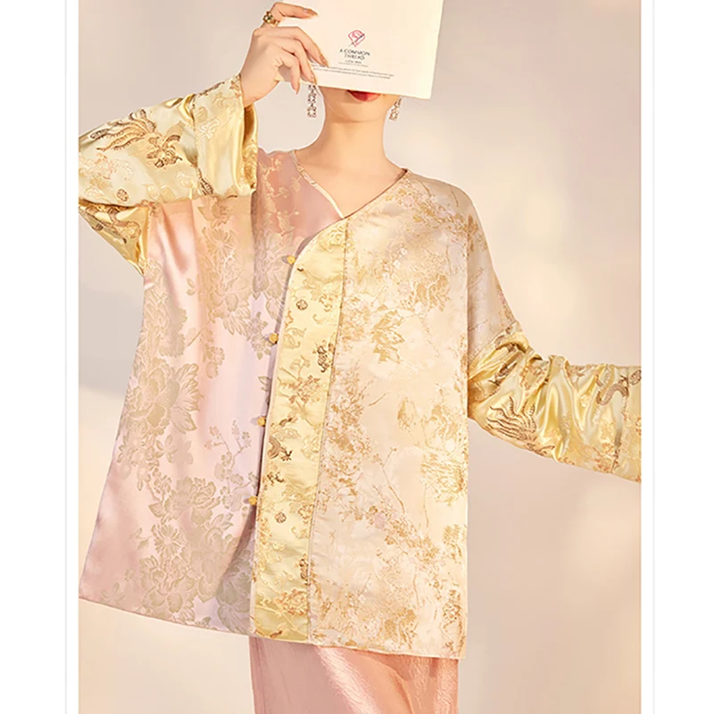 

Spring New V-Neck Single Breasted Jacket Women Fashionable Pink +Gold + Apricot Splicing Raglan Sleeve Loose Top S-L