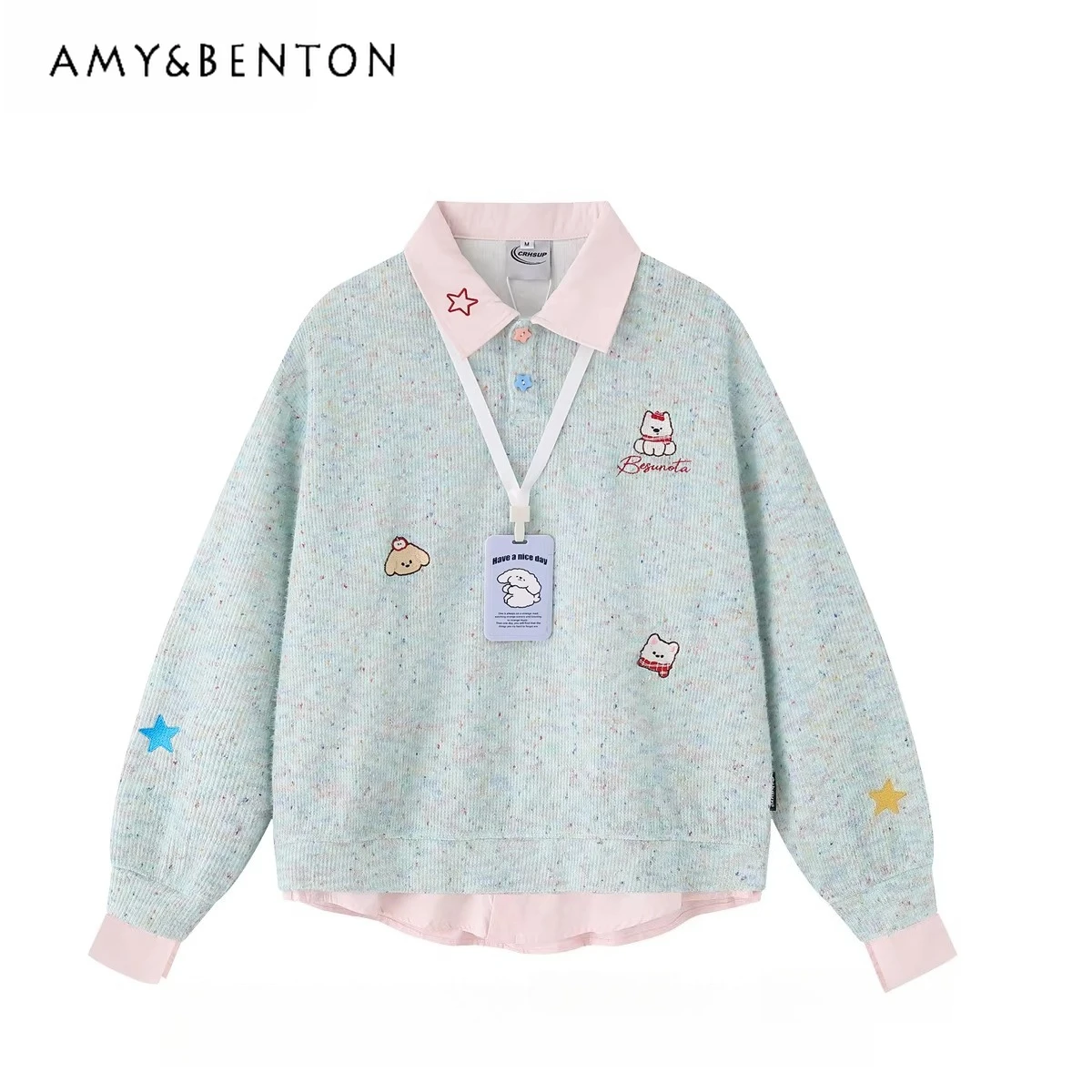 

Новая женская толстовка на весну-осень: милый синий свитшот с воротником-поло и длинными рукавами, свободный повседневный топ с эффектом двухслойности (белый)