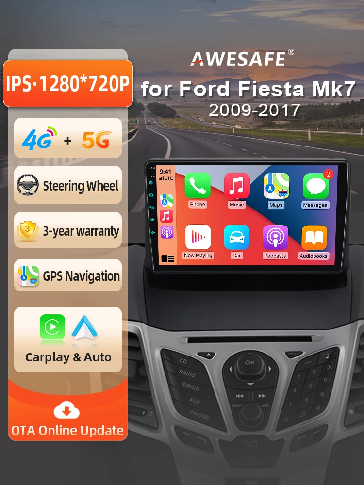 AWESAFE Draadloze CarPlay Android Auto Radio voor Ford Fiesta Mk 6 2009 2010 2011-2013 Plug & Play FM BT RDS DSP 4G GPS Multimedia - afbeelding 2