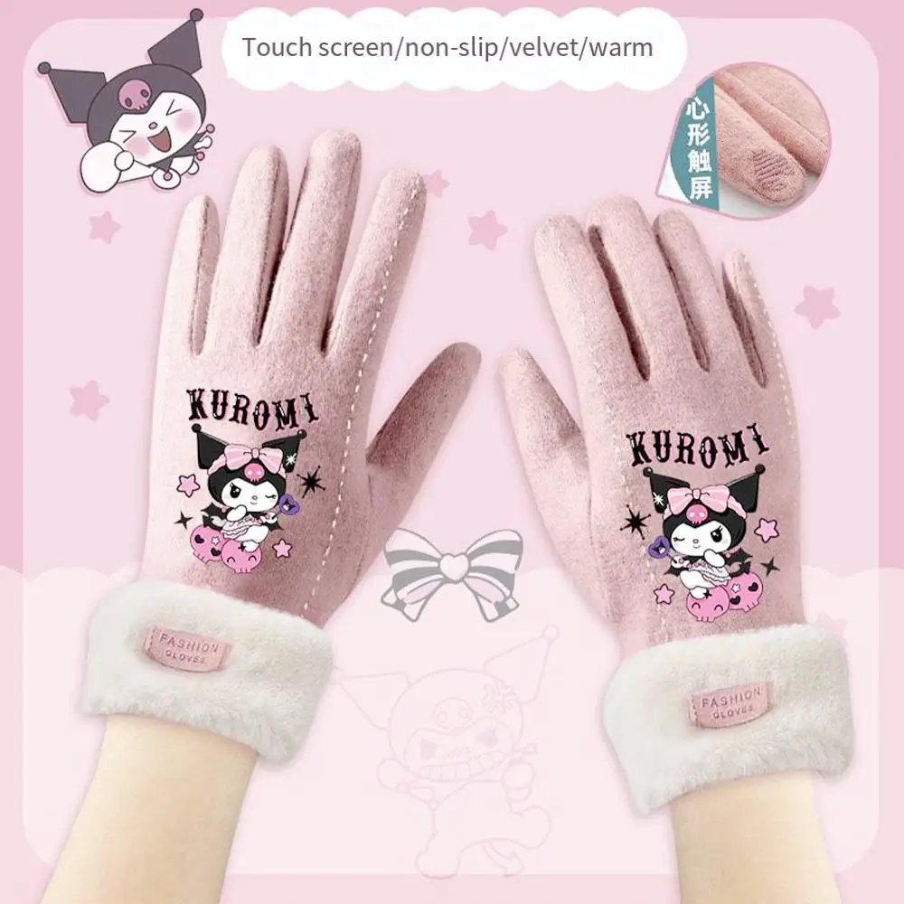 Anime Sanrioed Kuromi Plush Touch Screen Gloves Kawaii Winter Warm Cartoon Cartoon Five Fingers Soft Thicken Girl Student Gift