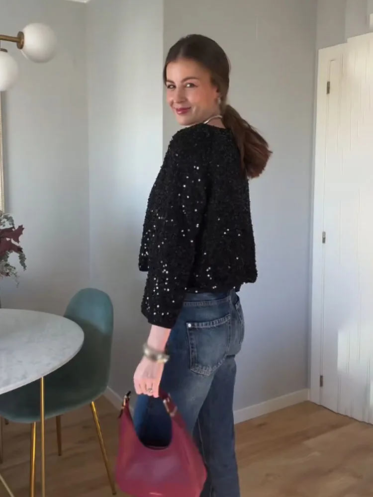 

HH Woman Winter Elegant Long Sleeves Single Breasted Coat Female Round Collar Sequin Decoration Street Style Short Jacket