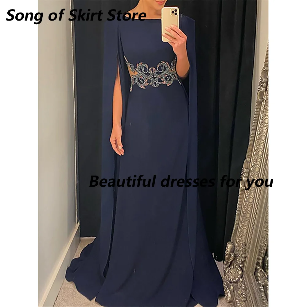 

Customized Navy Blue A-Line Mother of The Bride Dresses Floor Length Scoop Women Evening Dress with Beading Wedding Party Dress