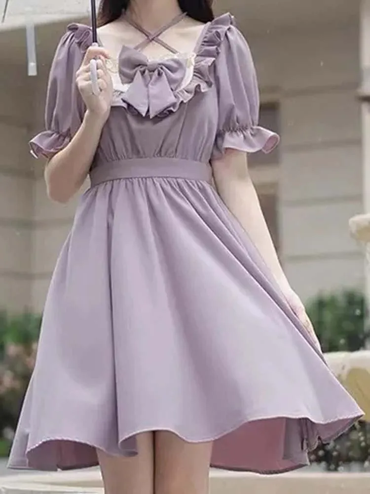 2024 Summer Bow Soft Girls Sweet Kawaii Lolita Dress Solid Women Japanese Cute Ruffles Wrap Puff Sleeve Halter Short Dresses