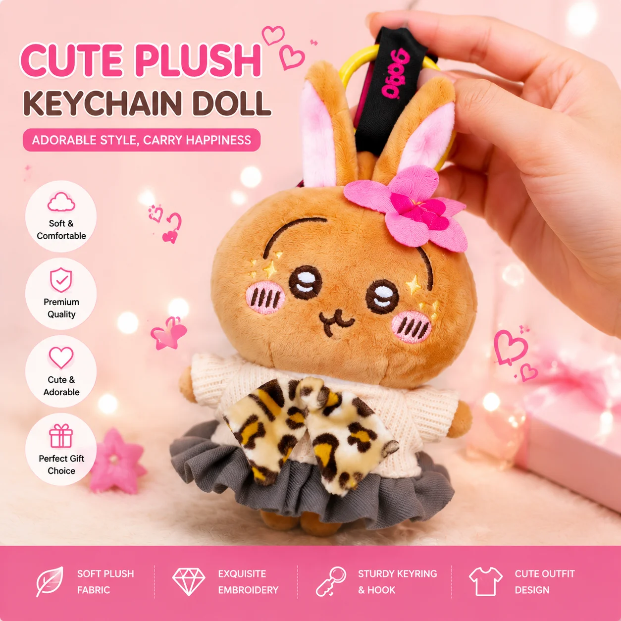 

Usagi 9090 Shibuya Gyaru Style Plush Keychain Cute Black Skin Bunny with Leopard Bow and Flower Decor Soft Stuffed Doll Pendant