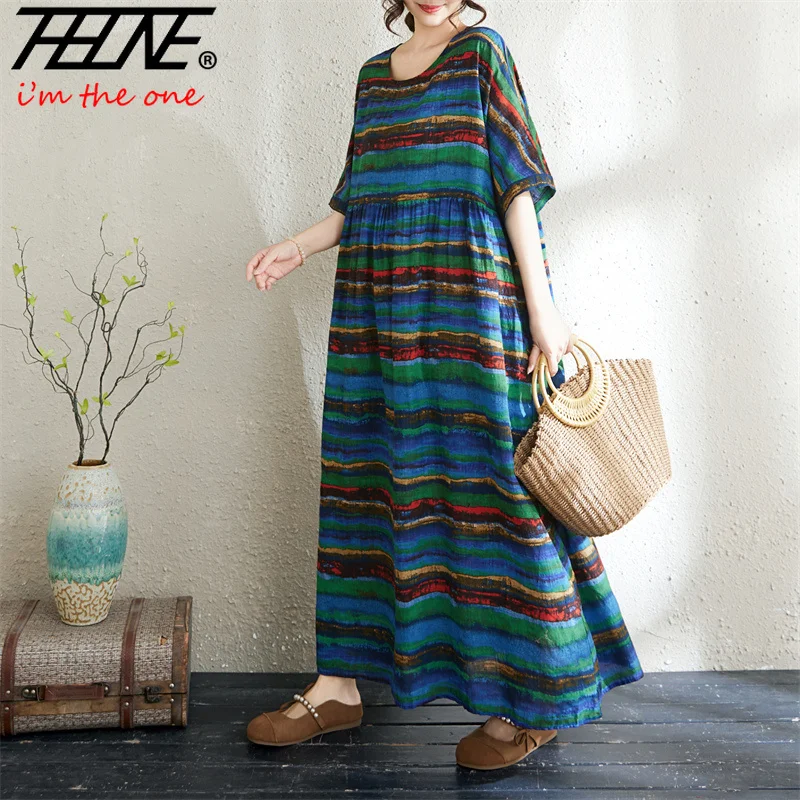 THHONE Robe Summer Dresses for Women Vestidos Loose Vintage Bohemian Striped O Neck Short Sleeve Cotton Linen Casual Clothes 3