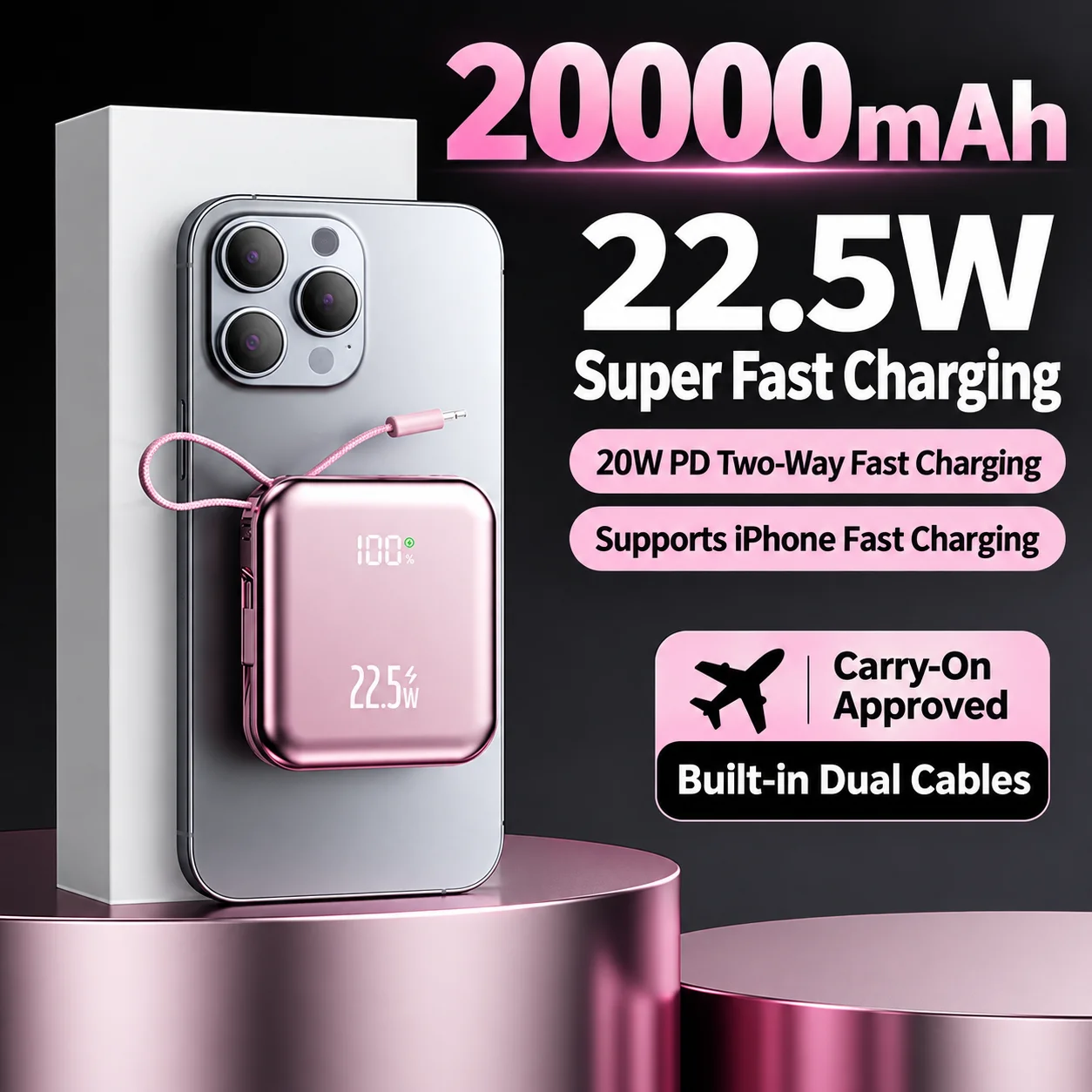 CCC 2027 New 20000mAh Mini Cute Power Bank 22.5W Fast Charging Built-in Cable Portable Battery Pack for iPhone Xiaomi Samsung PD