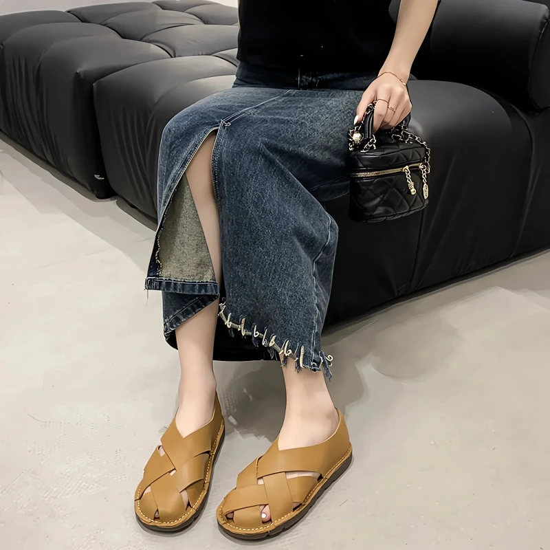 2025 Hot SummerNew Women's Outdoor Indoor Sandals Top Layer Cowhide Handmade Woven Women Casual Flat Bottomed Beach Woman Shoes