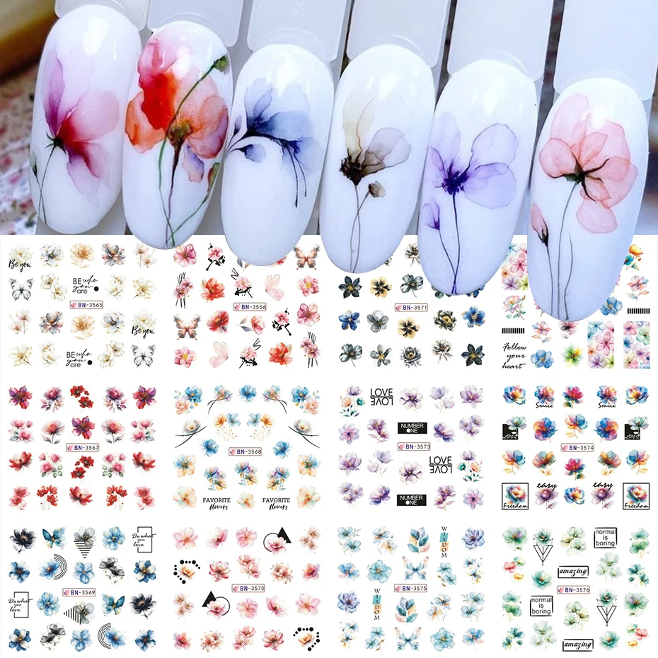 12 Design Ink Flowers Nail Stickers Water Transfer Decals Watercolor Florals Leaf Nail Sliders for Women DIY Manicure Decoration