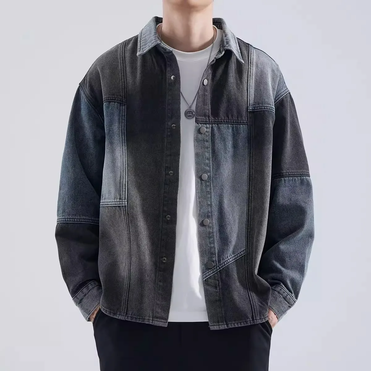 

American Retro Spliced Denim Jacket, Men's Spring and Autumn New Trendy Brand Loose Casual Shirt, Tooling Jacket Top