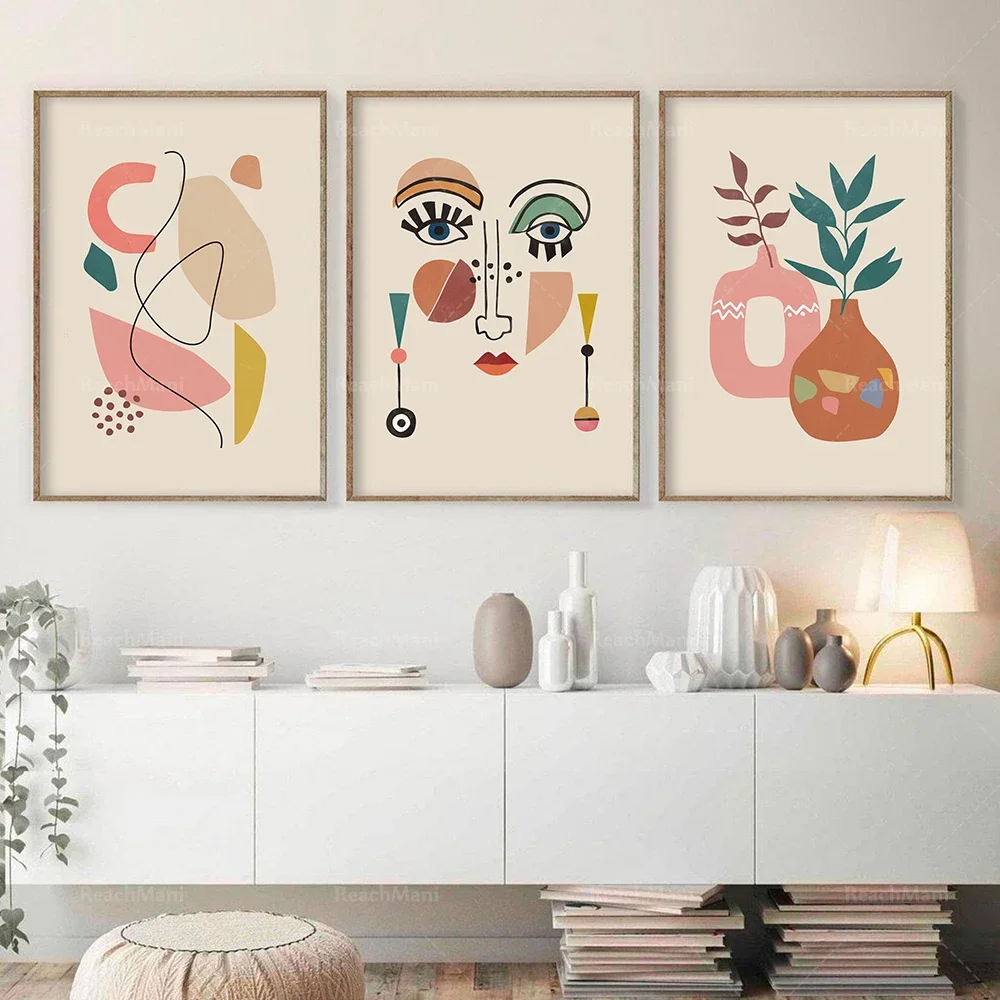 Bohemian Gallery Wall Set 3 pieces of prints, abstract printable wall art, terracotta bohemian line art print, mid-century moder