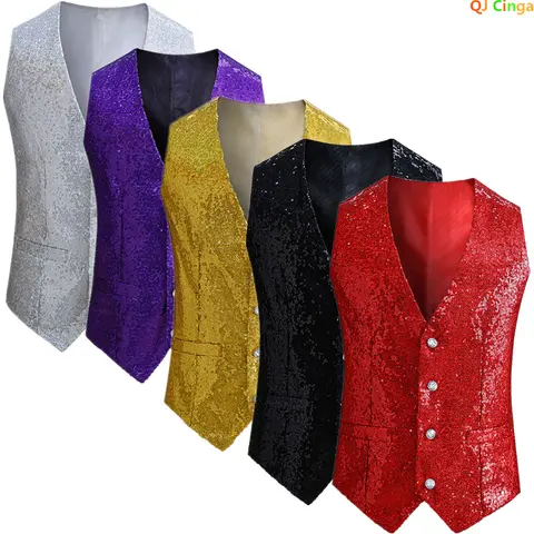 2026 New Men's Red Shiny Sequins Single Breasted Sleeveless Vest, V-Neck Waistcoat Gold Black White Blue Purple Available M-XXXL