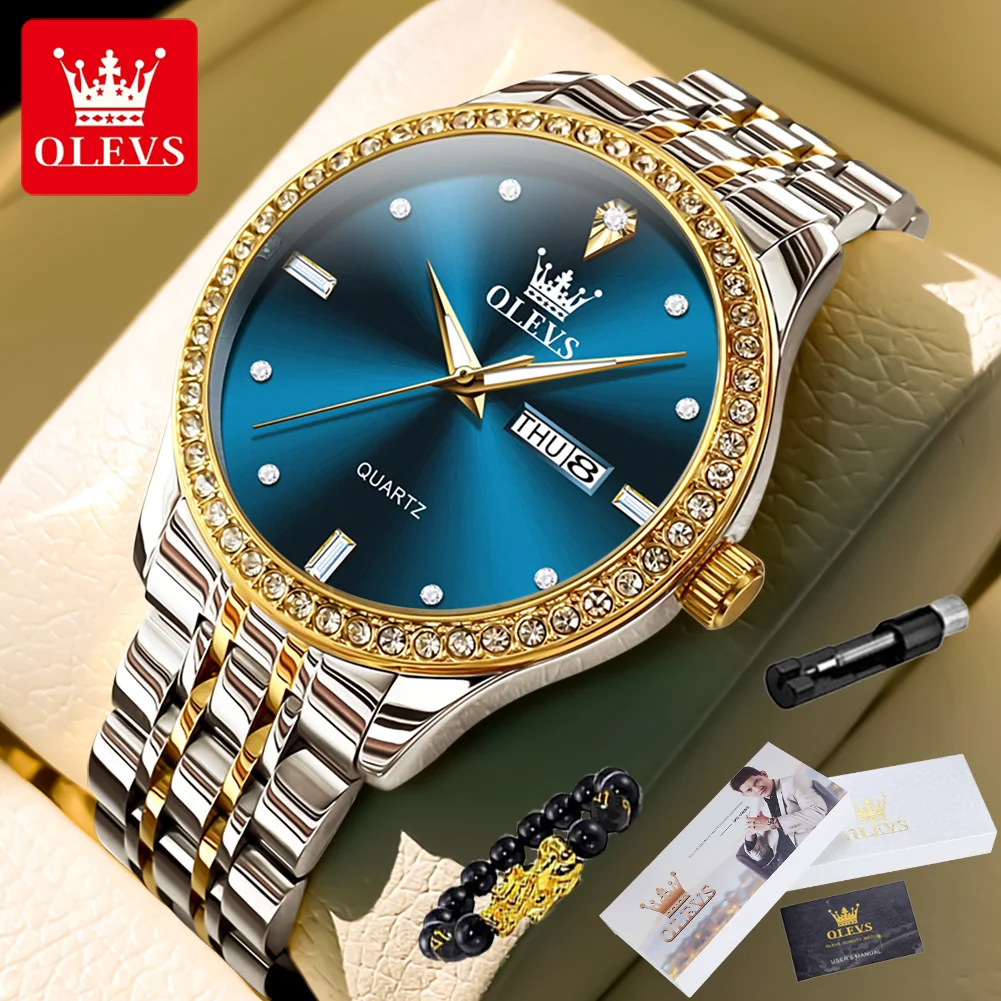 

OLEVS 3625 Gold Diamond Men's Watch Stainless Steel Waterproof Calendar Fashion Business Watch Luxury Brand Quartz Men's Watch