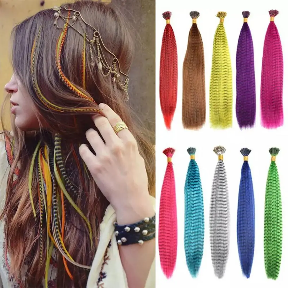 

1 Set Women Wig Multi Colors Feather Colored Strands Hair Extension Synthetic Hairpiece Fake Straight Hair With Crochet Hook Wig