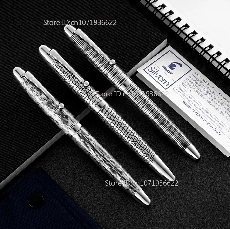 Japan PILOT Sterling 925 Silver Fountain Pen Rhodium Plated 18K Gold Nib Stone Grid Spun Pattern Engraved Business Signature Pen
