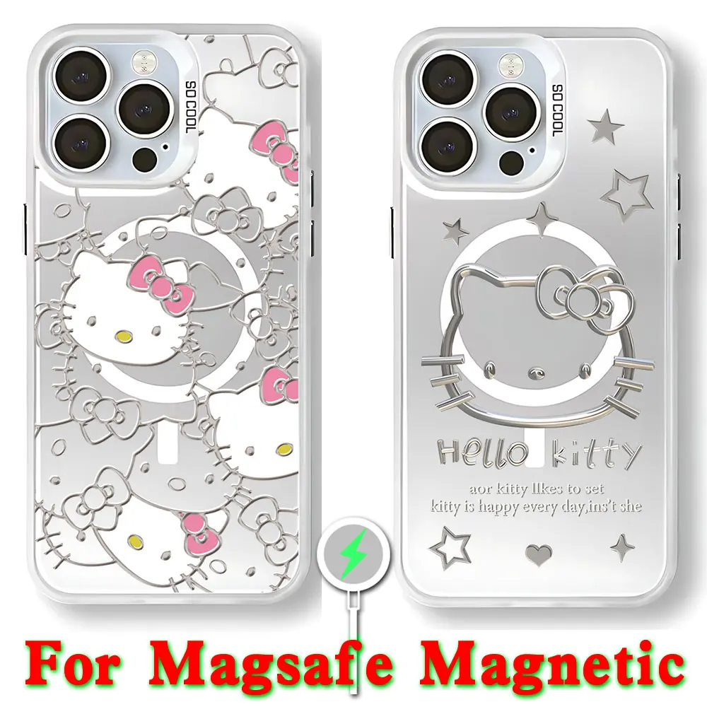 Cartoon Hello Kitty Magsafe Magnetic Case for Samsung S25 S24 S23 S22 S21 S20 FE Plus Ultra 5G Soft Silver Plated Cover