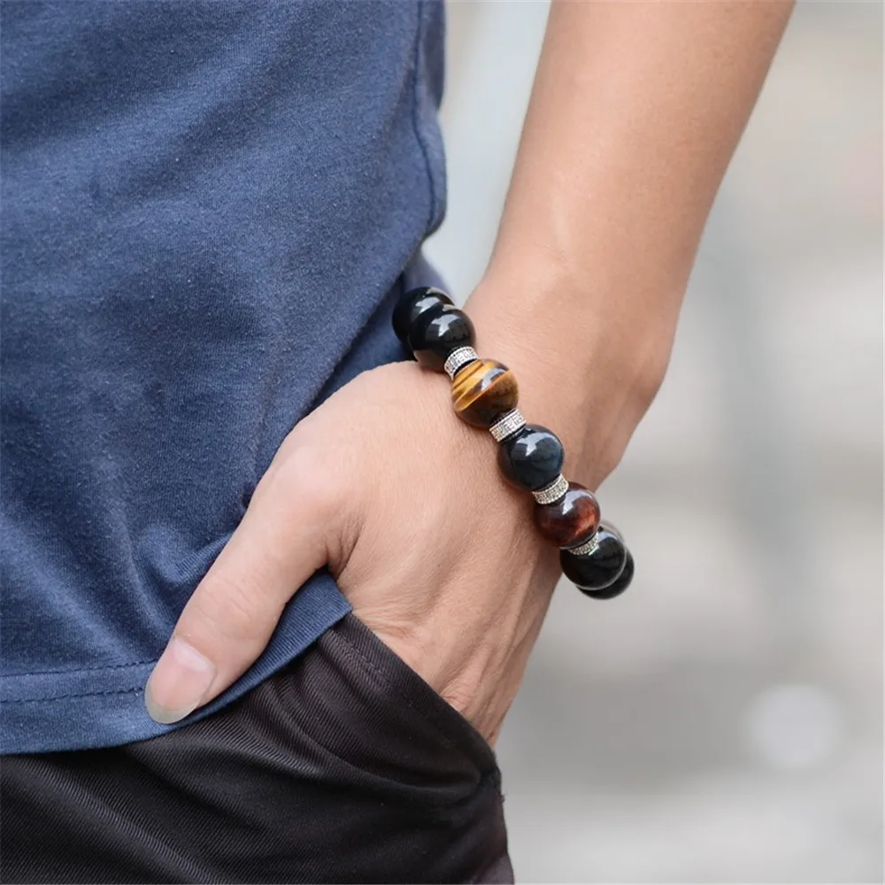 Natural 8-18mm Rainbow Tiger Eye Stone Obsidian Beads Bracelet for Men Women Around Beaded Bracelets Jewelry