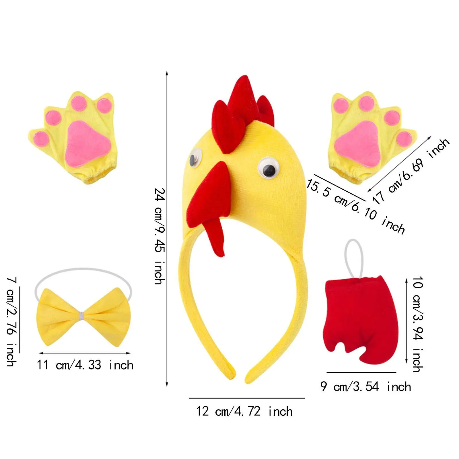 Kostium kurczaka 3D, opaska na głowę kurczaka, zestaw rękawic z ogonem i motylem