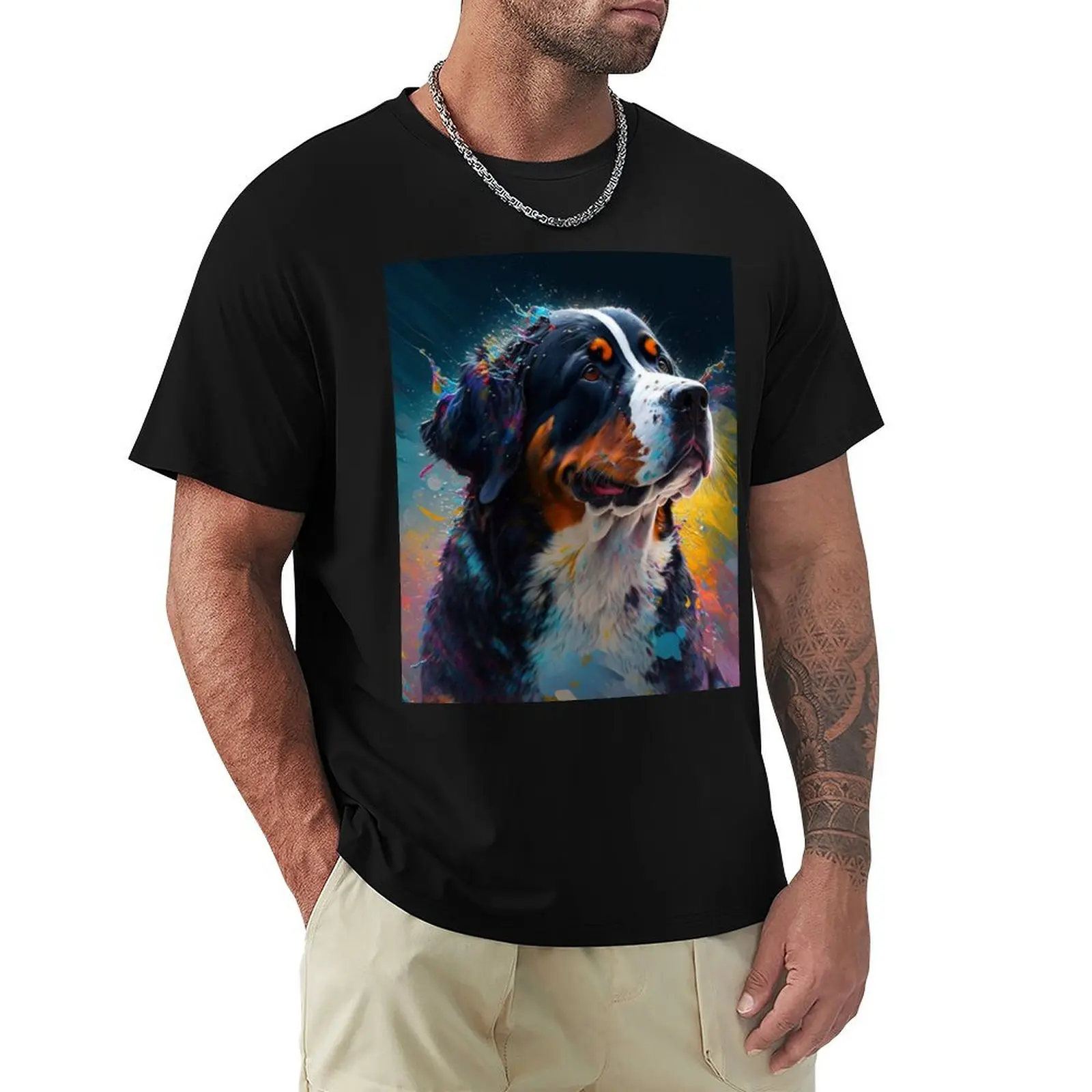Greater Swiss Mountain Dog Synesthetic Splash Painting Artwork T-Shirt Fashion Print Casual Short Sleeve