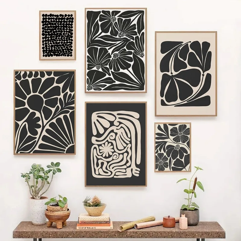 Mid Century Neutral Beige Black Abstract Plant Botanical Flower Poster Print Canvas Painting Wall Picture for Room Home Decor