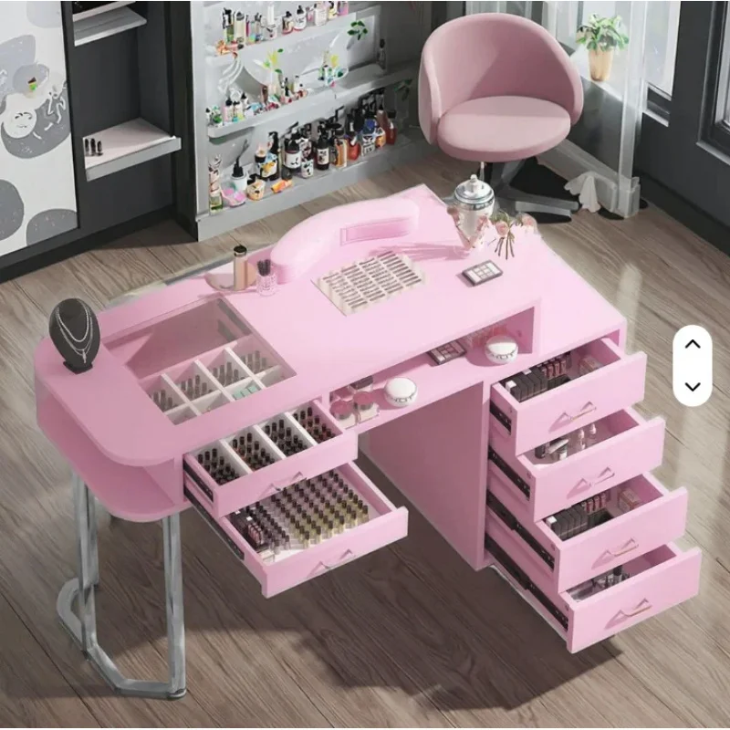 custom.Modern Pink Salon Manicure Table with Marble Top and Drawers Durable Metal Iron Frame Nail Spa Commercial Use