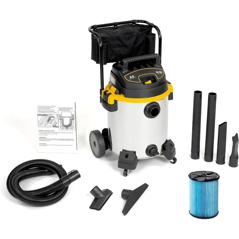 ZZC-16-Gallon 6.5 Peak HP مكنسة كهربائية رطبة وجافة من الفولاذ المقاوم للصدأ مع فلتر، كيس غبار، خرطوم، مرفقات وعربة ثقيلة #1