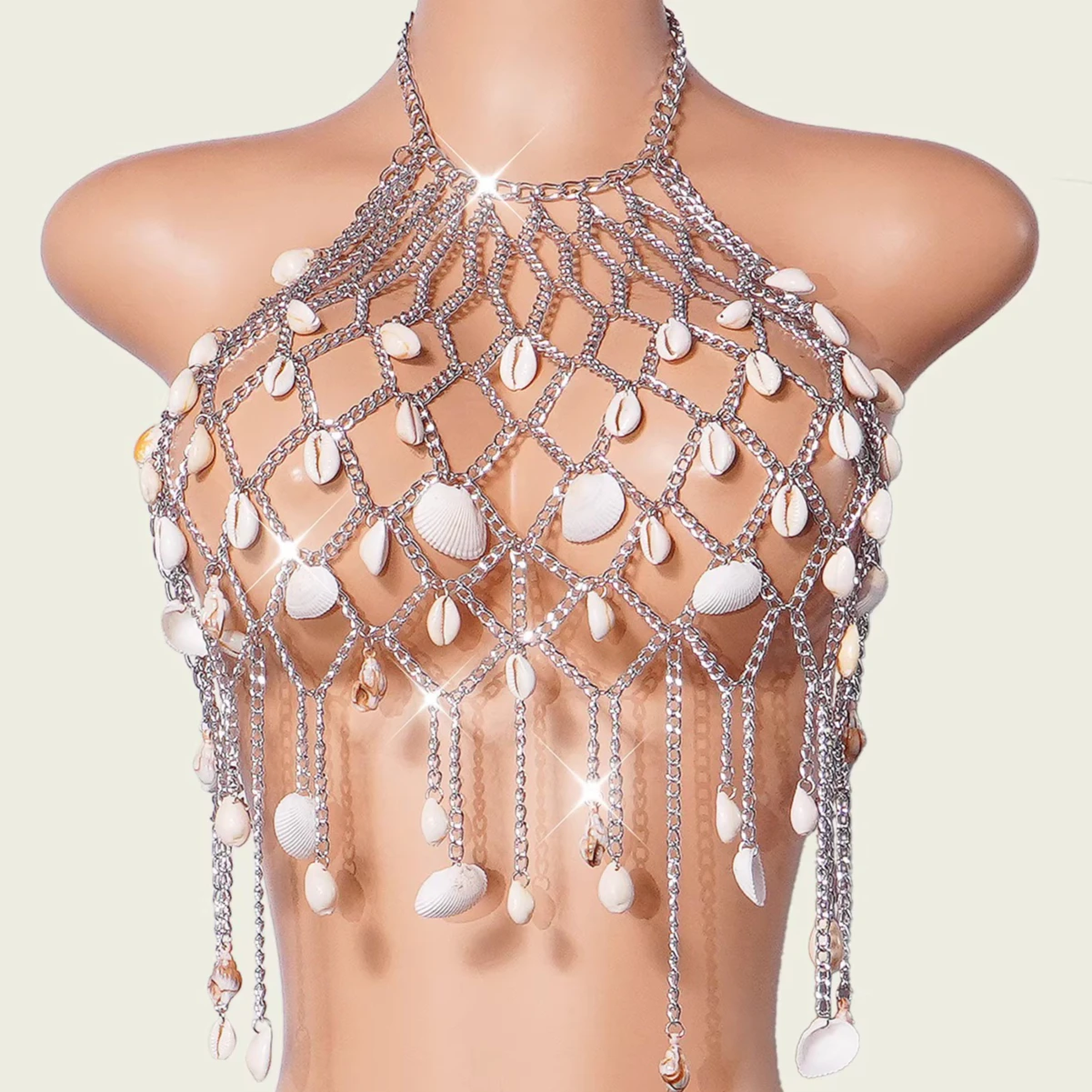 Metal Chain Shell Tassel Hollow Out Breast Chain Bikini Tops Summer Strip Dance Night Club Costume Body Jewelry Vetement Femme