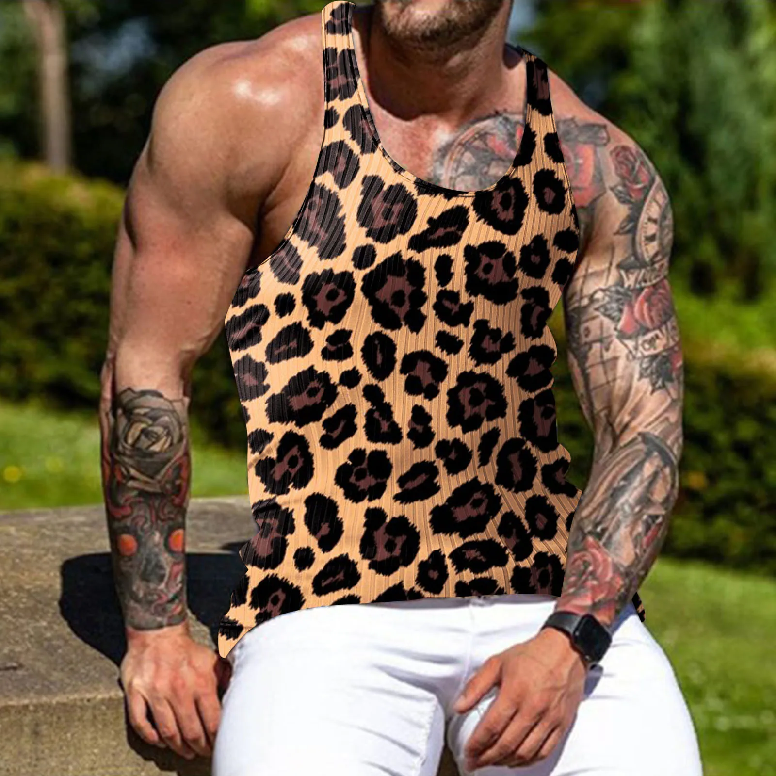 2022 Mens Gyms Summer Tank Top Men Fitness Sleeveless Leopard Printing Male Mesh Breathable Sports Vest Gyms Running Vest Men 4