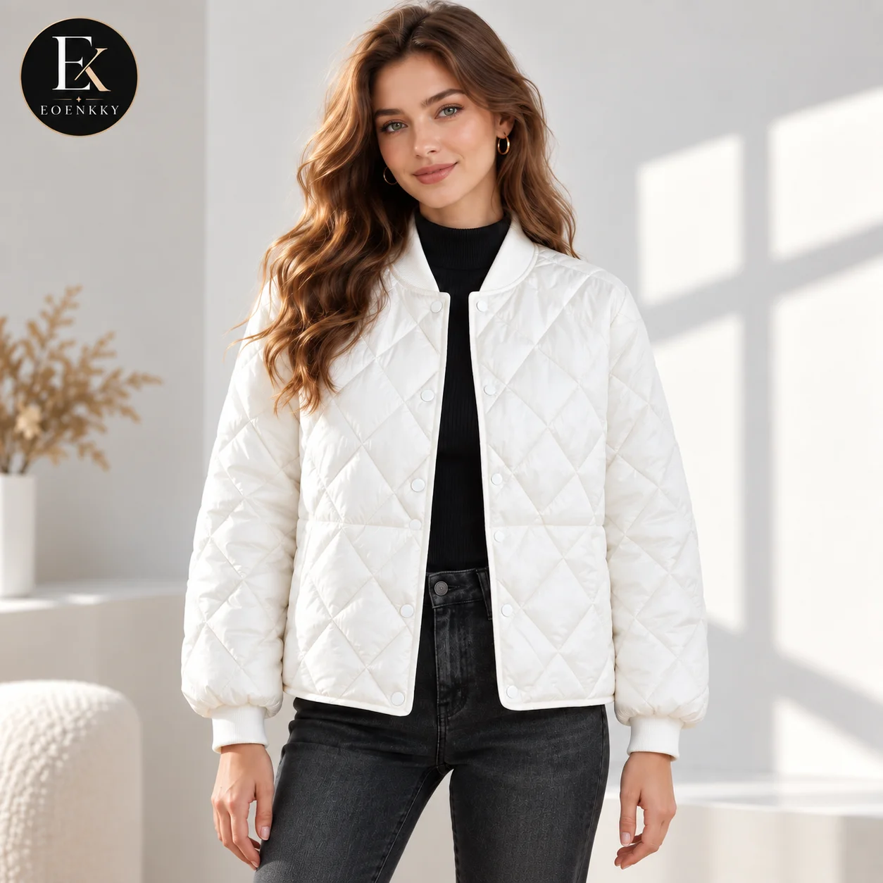 EOENKKY Women Quilted Jacket Lightweight Bomber Coat Casual Loose Fit Stand Collar Snap Button Long Sleeve Short Jacket