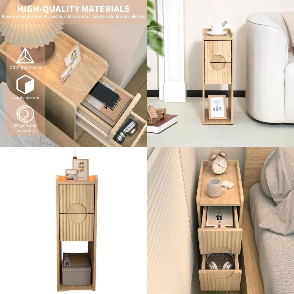 

Fluted 2-Drawer Wood Nightstand, Slim Boho Style Side Table for Bedroom, Natural Wood Bedside Storage