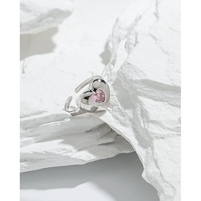 S'STEEL Heart Pink Zircon Rings For Women Original 925 Sterling Silver Adjustable Ring Luxury Designer Jewelry Anillos Mujer