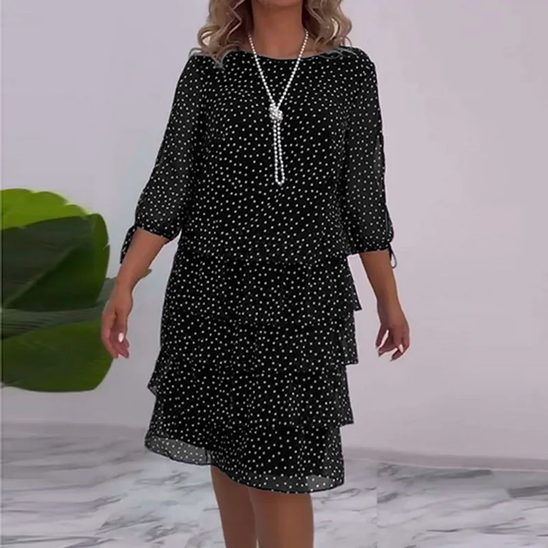 Spring Polka Dot Print Ruffles Cake Dress Women Elegant O Neck Back Button Party Dress Fall 3/4 Sleeve Tie-up Hollow New Dresses