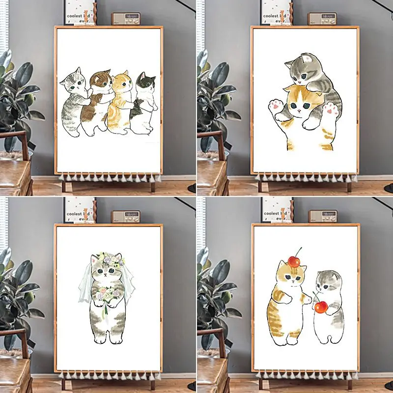 VIKAMA Cat Closet Curtain Four Kitten Bear Bunny Ear Print Cabinet Cover For Bedroom Kitchen Living Room Kids Room Decor