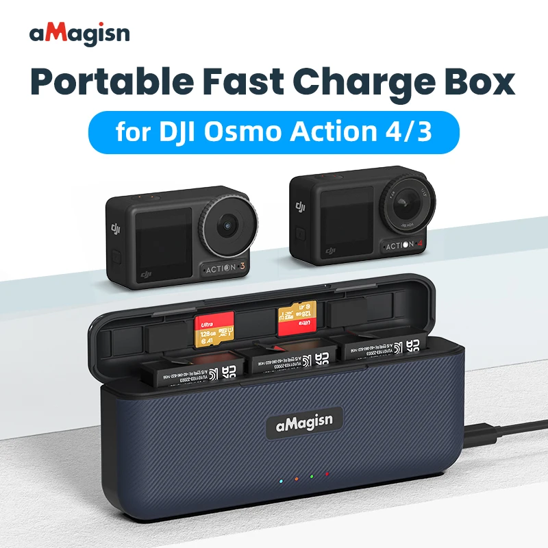 For DJI Osmo Action 4/3 Camera Portable Fast Charge Box Battery Charger Hub Smart Charging Management Magnetic Flipping Cover