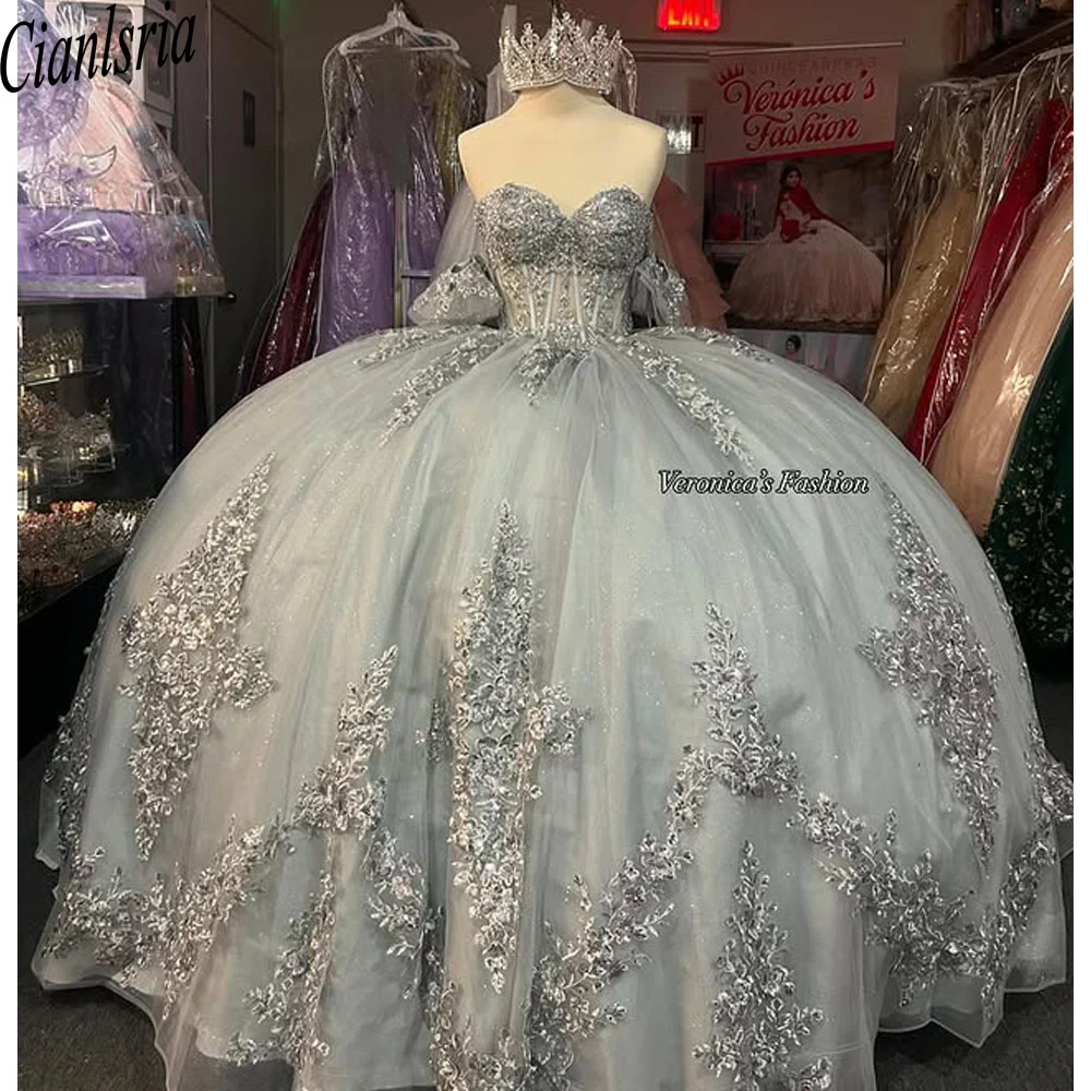 Gray Quinceanera Dresses 3D Flowers Beading Lace Appliques Vestidos De 15 Anos Birthday Party Princess