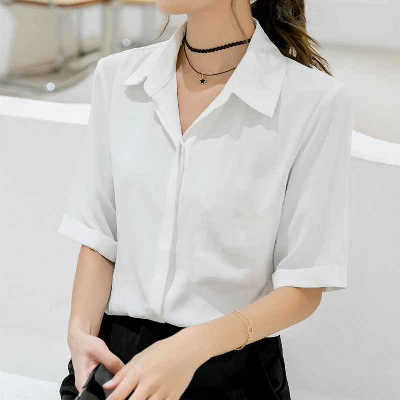 Summer Short Sleeve V-Neck Chiffon Shirt Women's Clothing 2023 Spring New Office Lady Loose Casual Pullover Blouse