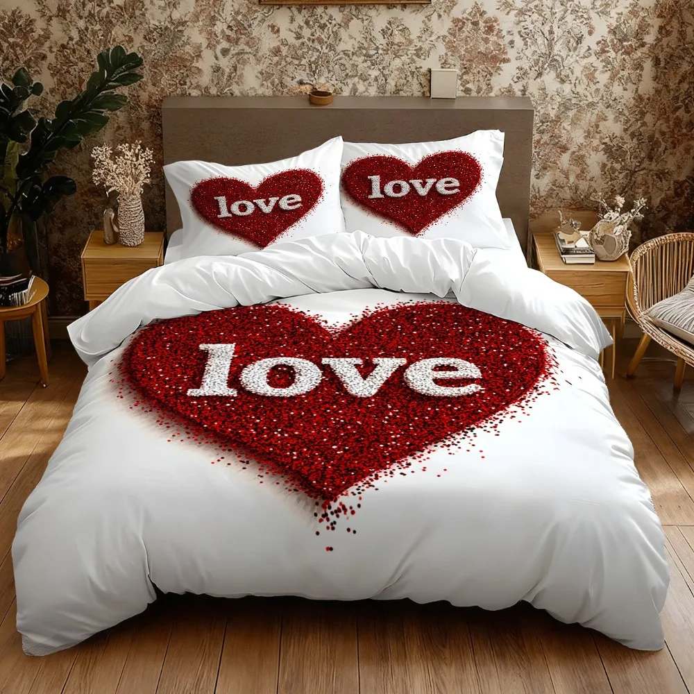 

Love Printed Comfortable Bedroom Duvet Cover And 1/2 Pillowcases Set Digital Print Machine Washable Bedding Collection