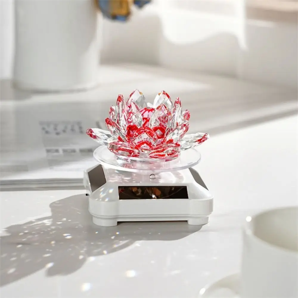 

Solar Powered Rotating Crystal Lotus Figurine Automatic Rotating Reflective Crystal Lotus Car Ornament Suncatcher Decorative