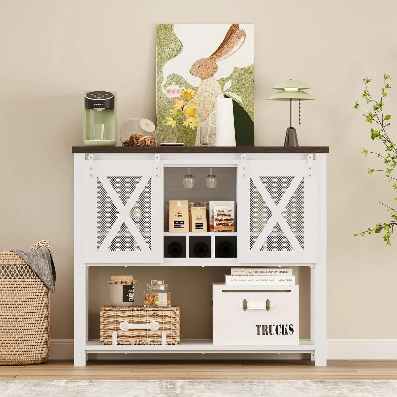 

Coffee Bar Cabinet With 2 Sliding Barn Doors, Kitchen Buffet Sideboard With Drawer, Wine Bottle & Glass Rack For Dining Room