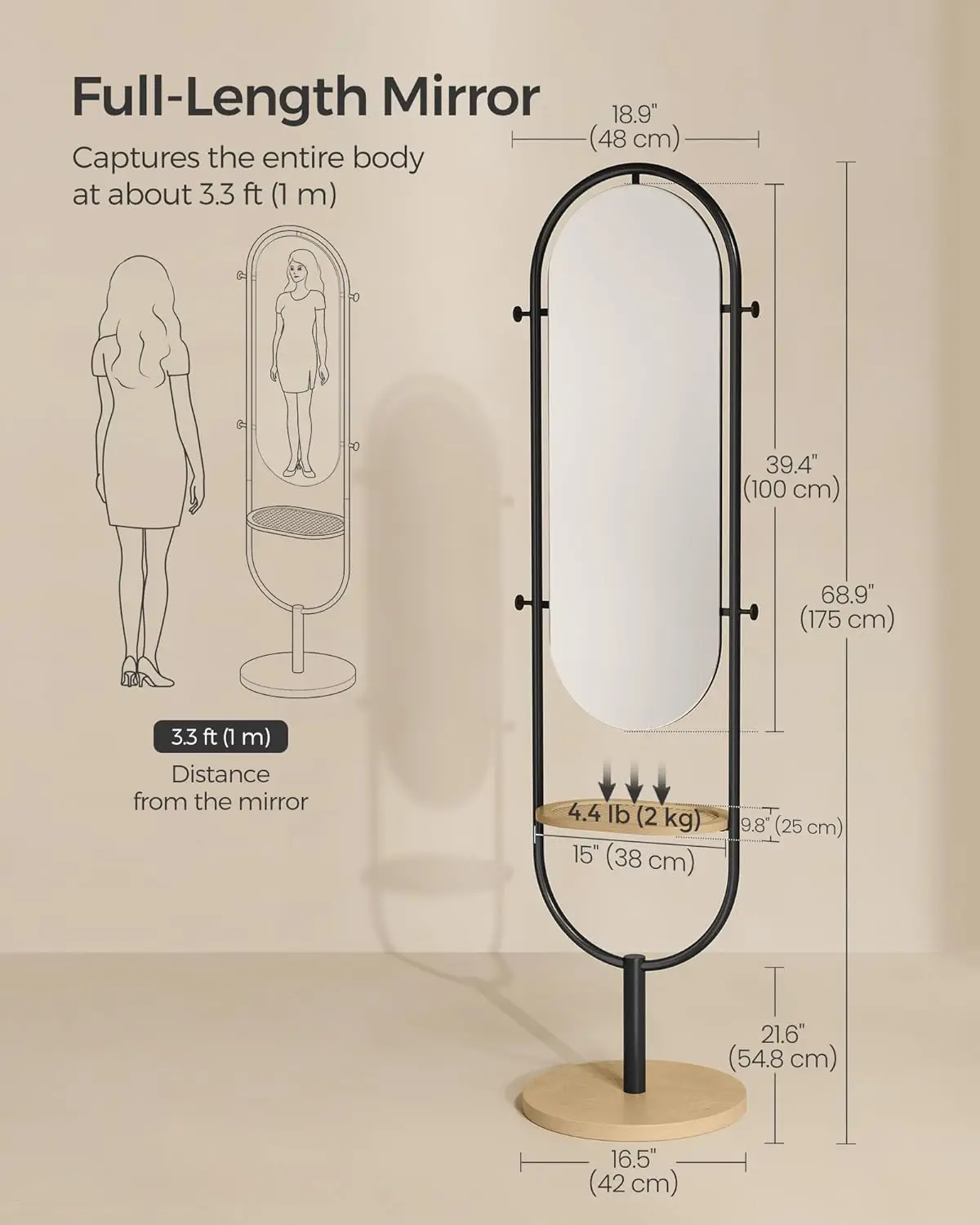 Full-Length Floor Mirror, 3-in-1, Modern Standing Full Body Mirror, Inspired by Original Award-Winning Design, 16.5 x 18.9 x 68.